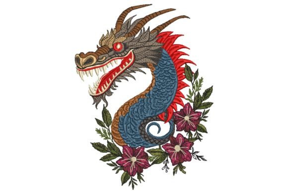 Blue Chinese Dragon and Flowers