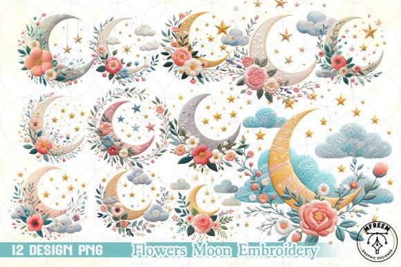 Flowers Moon Embroidery Clipart PNG