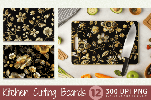 Gold Flowers Embroidery Cutting Boards S