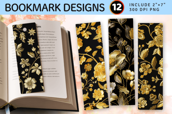 Gold Flowers Embroidery PNG Bookmark Des